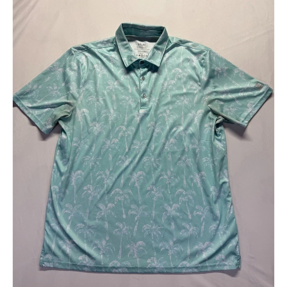 Huk Polo Shirt Mens XL Mint Green White Allover Palm Tree Print Golf‎ Tennis